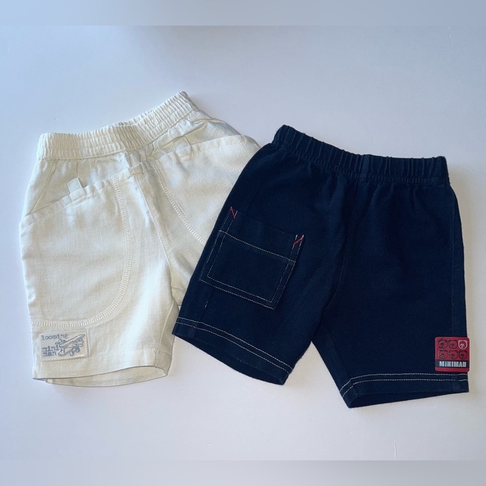 Luxury European Designer Baby Shorts Size 3M 2 Pair Navy and Off White